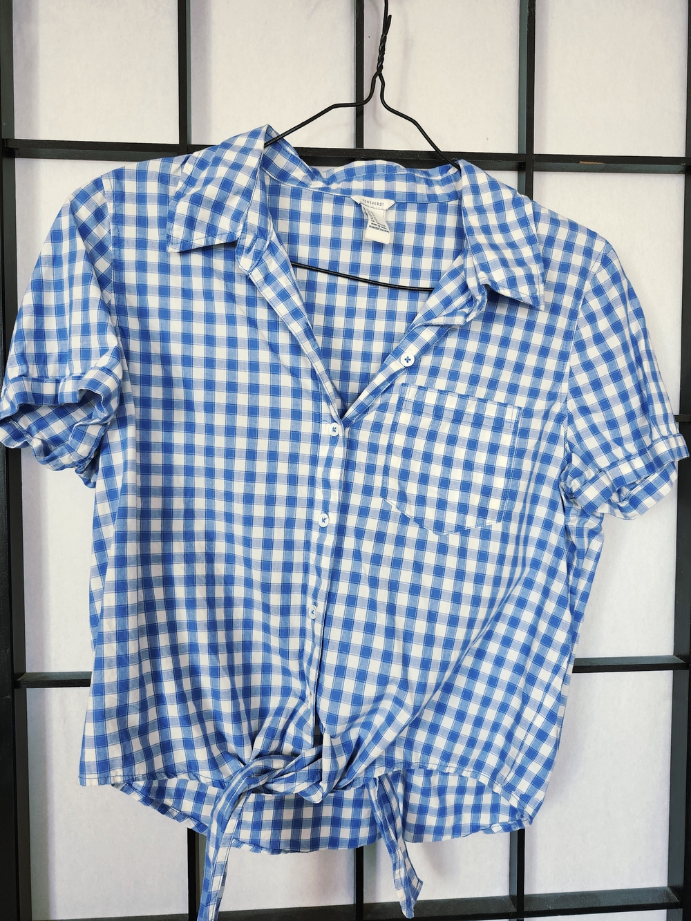 Blue & White Gingham Tie-Front Button Shirt